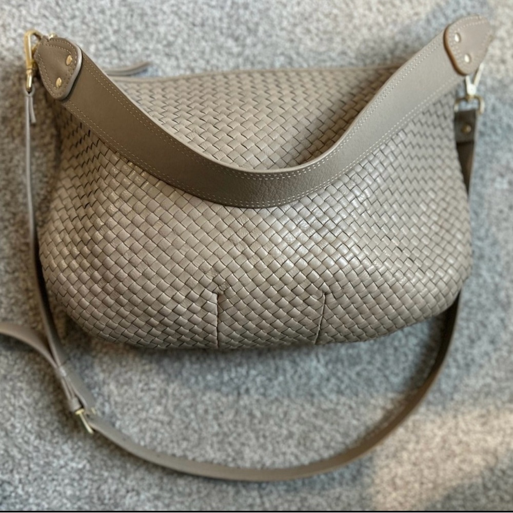 Quince Crescent Handwoven Leather Convertible Shoulder Bag Purse Taupe